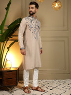 Jyoti Fashion Men's Beige Viscose Silk Sequins Embroidered Kurta with Pajama
