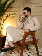 Jyoti Fashion Men's Beige Viscose Silk Sequins Embroidered Kurta with Pajama