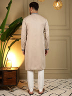 Jyoti Fashion Men's Beige Viscose Silk Sequins Embroidered Kurta with Pajama