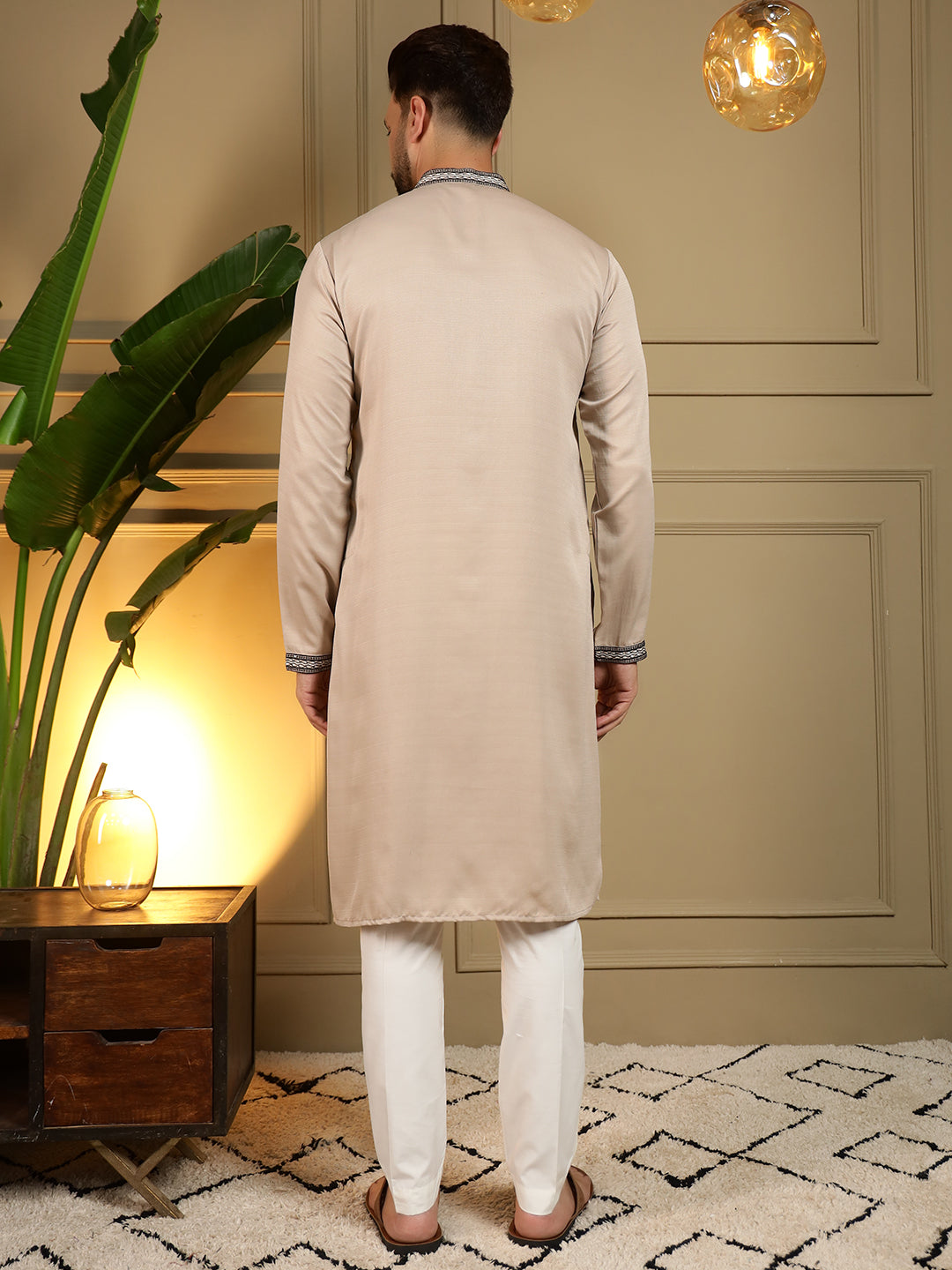 Jyoti Fashion Men's Beige Viscose Silk Sequins Embroidered Kurta with Pajama