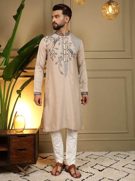 Jyoti Fashion Men's Beige Viscose Silk Sequins Embroidered Kurta with Pajama