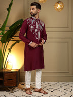 Jyoti Fashion Men's Maroon Viscose Silk Sequins Embroidered Kurta with Pajama