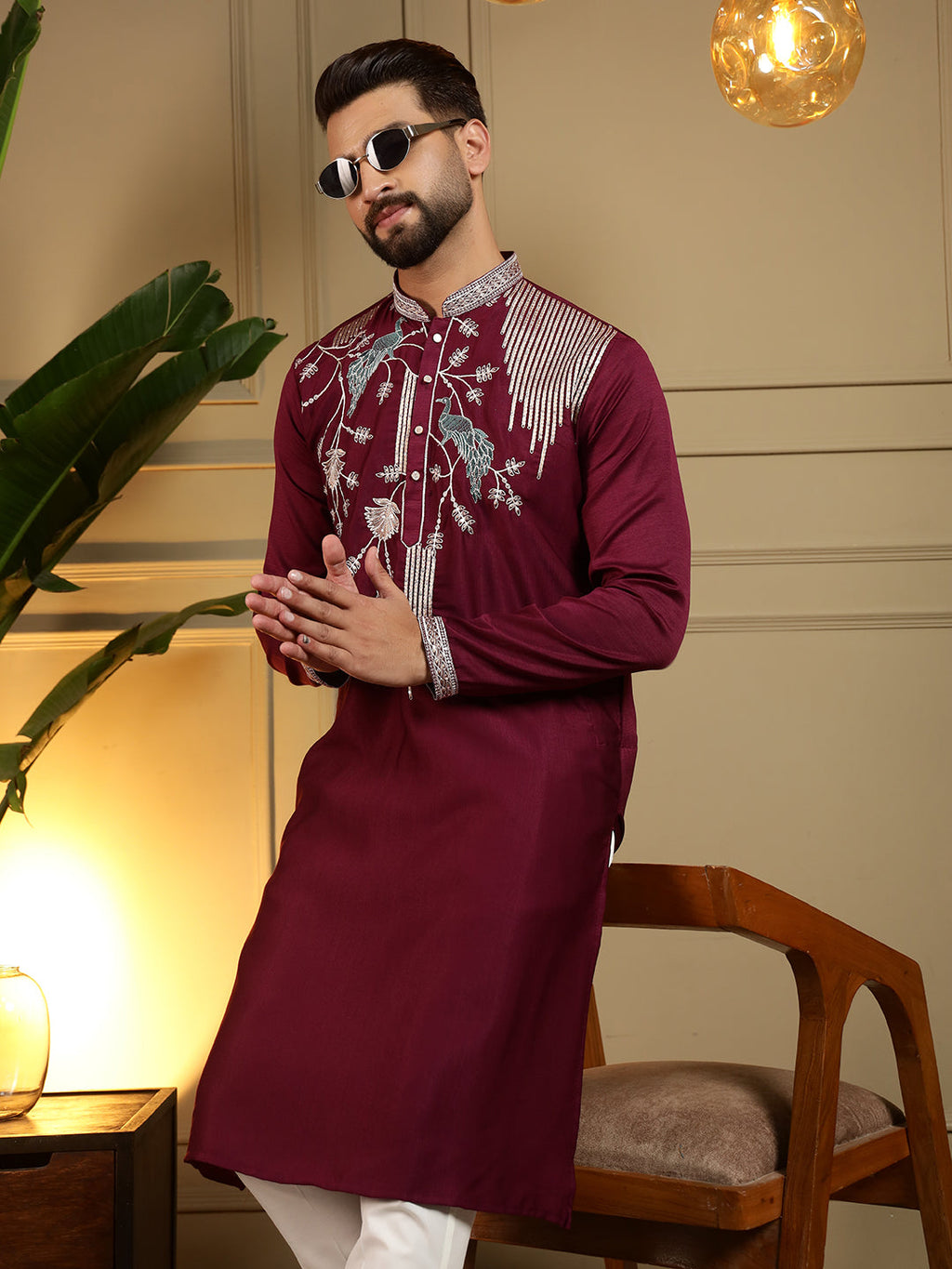 Jyoti Fashion Men's Maroon Viscose Silk Sequins Embroidered Kurta with Pajama