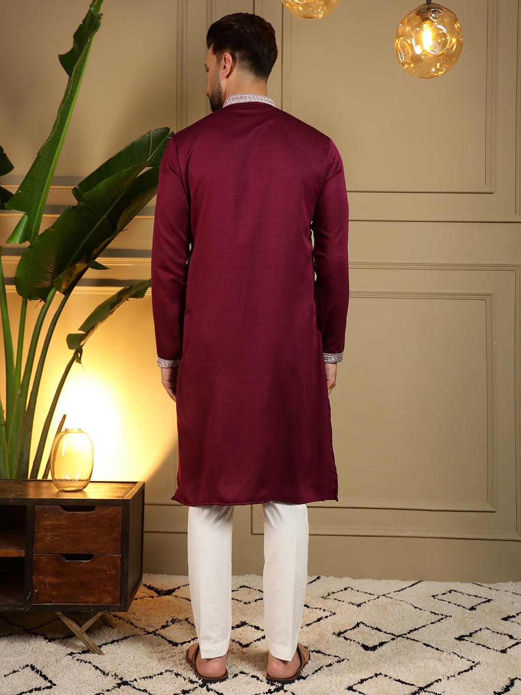 Jyoti Fashion Men's Maroon Viscose Silk Sequins Embroidered Kurta with Pajama