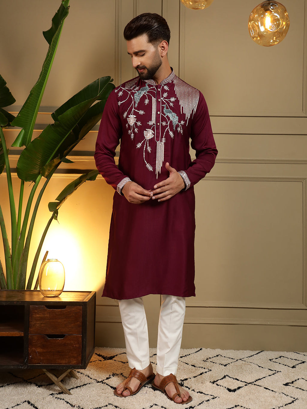 Jyoti Fashion Men's Maroon Viscose Silk Sequins Embroidered Kurta with Pajama