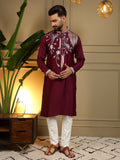 Jyoti Fashion Men's Maroon Viscose Silk Sequins Embroidered Kurta with Pajama