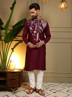 Jyoti Fashion Men's Maroon Viscose Silk Sequins Embroidered Kurta with Pajama