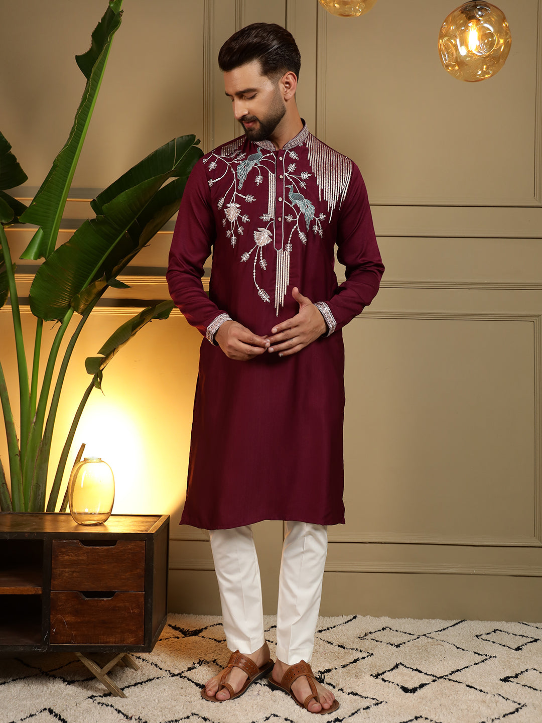 Jyoti Fashion Men's Maroon Viscose Silk Sequins Embroidered Kurta with Pajama