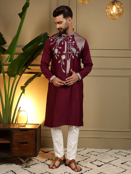 Jyoti Fashion Men's Maroon Viscose Silk Sequins Embroidered Kurta with Pajama