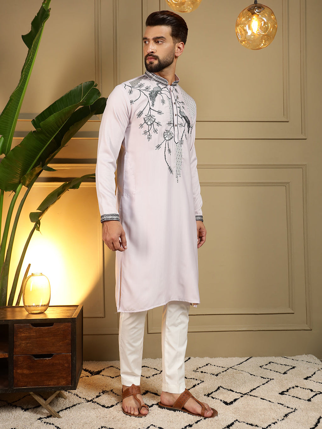 Jyoti Fashion Men's Lavender Viscose Silk Sequins Embroidered Kurta with Pajama