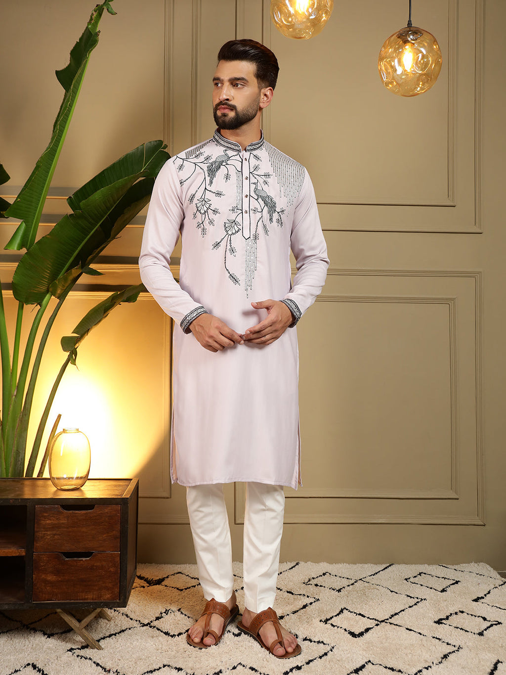 Jyoti Fashion Men's Lavender Viscose Silk Sequins Embroidered Kurta with Pajama