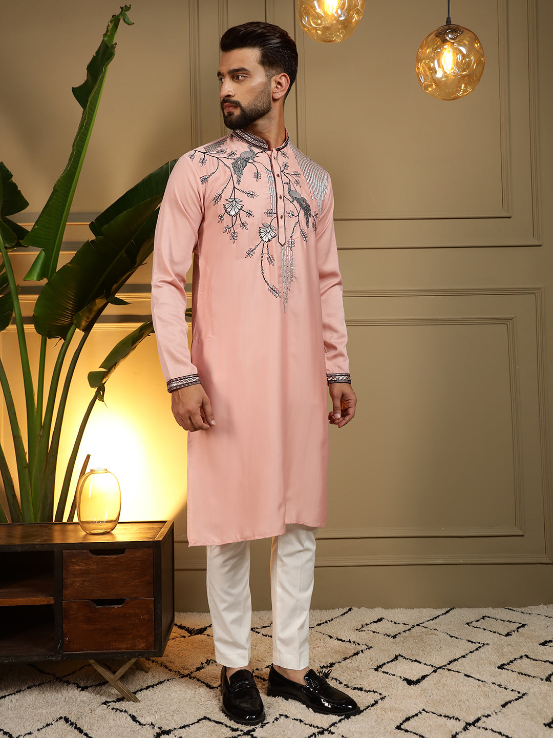 Jyoti Fashion Men's Peach Viscose Silk Sequins Embroidered Kurta with Pajama