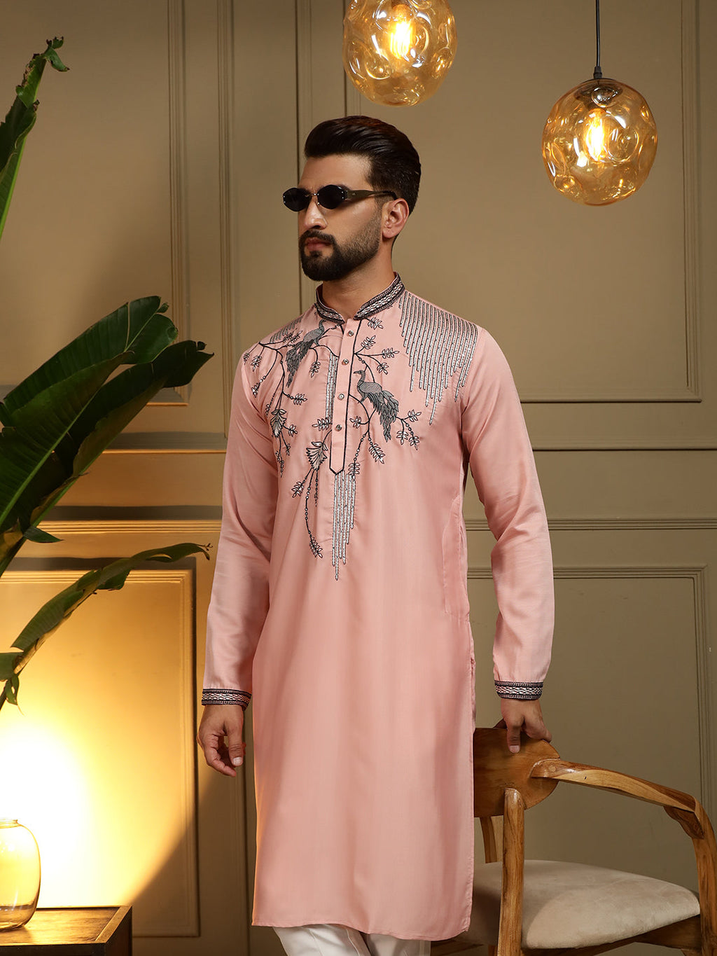 Jyoti Fashion Men's Peach Viscose Silk Sequins Embroidered Kurta with Pajama