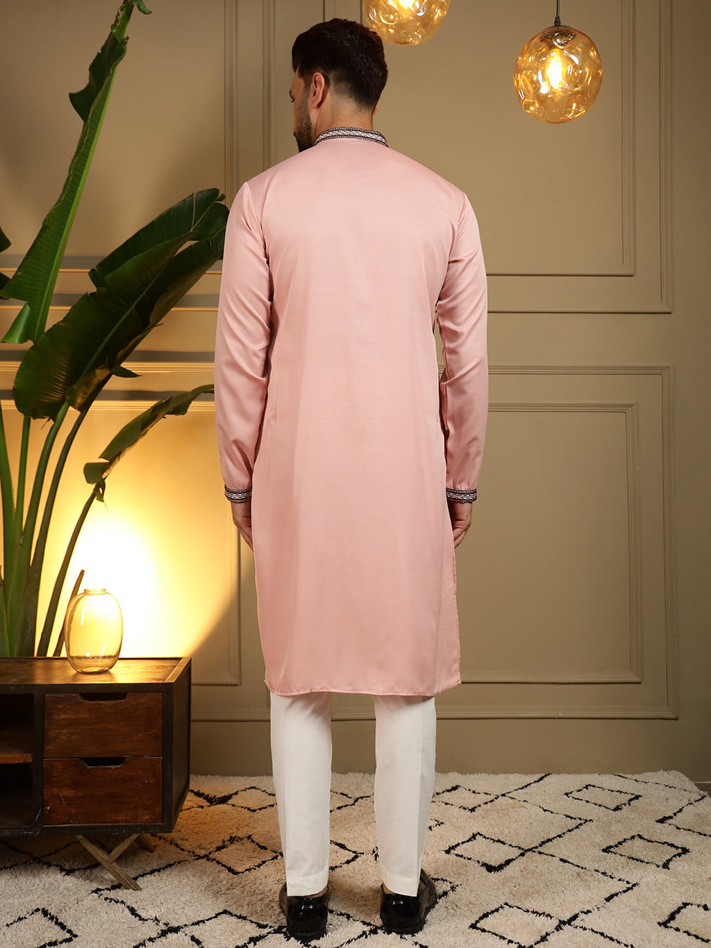 Jyoti Fashion Men's Peach Viscose Silk Sequins Embroidered Kurta with Pajama