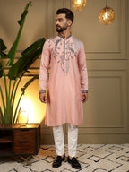 Jyoti Fashion Men's Peach Viscose Silk Sequins Embroidered Kurta with Pajama