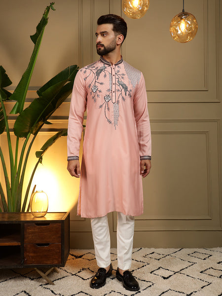 Jyoti Fashion Men's Peach Viscose Silk Sequins Embroidered Kurta with Pajama