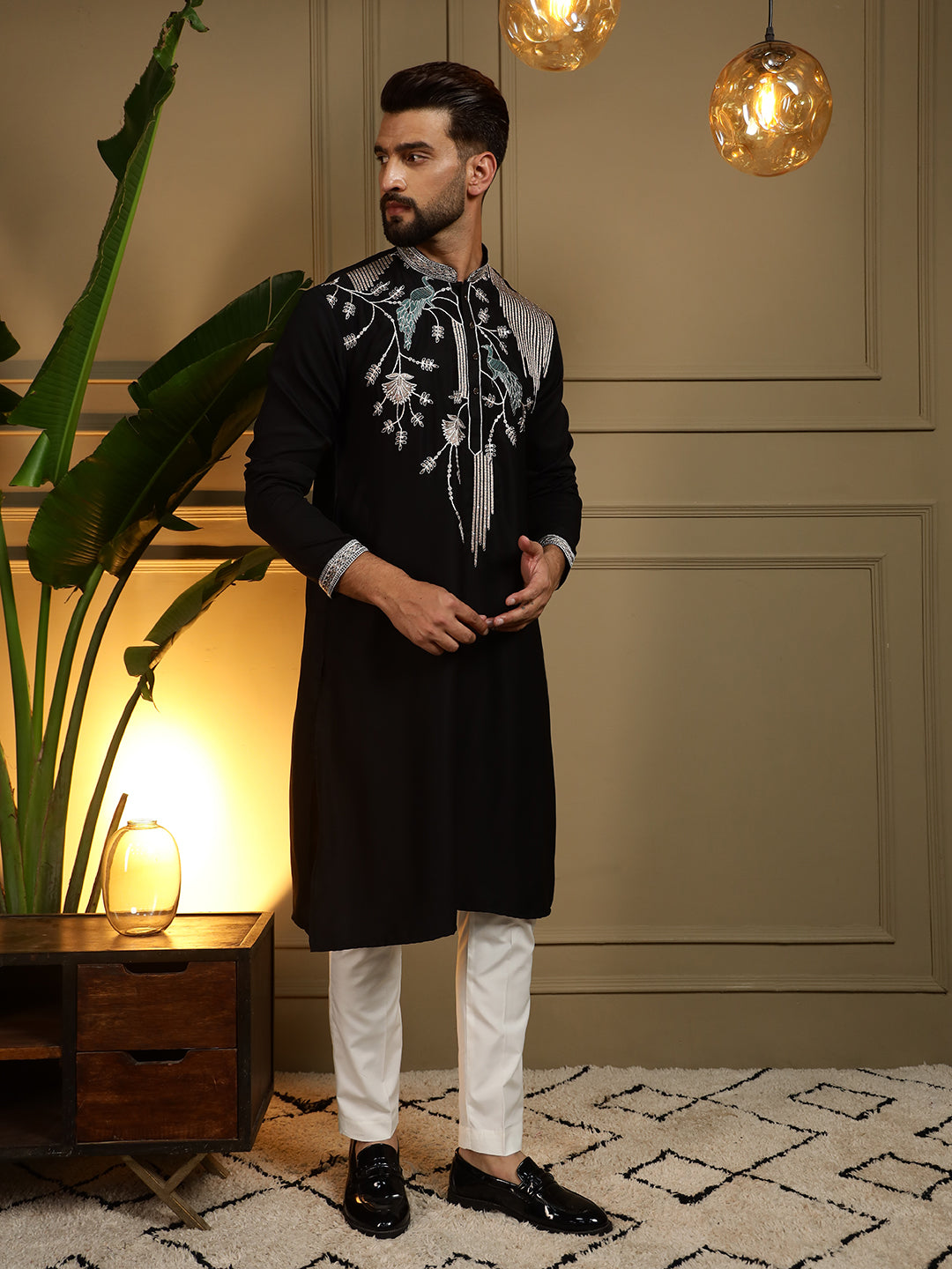 Jyoti Fashion Men's Black Viscose Silk Sequins Embroidered Kurta with Pajama