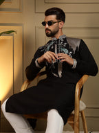 Jyoti Fashion Men's Black Viscose Silk Sequins Embroidered Kurta with Pajama