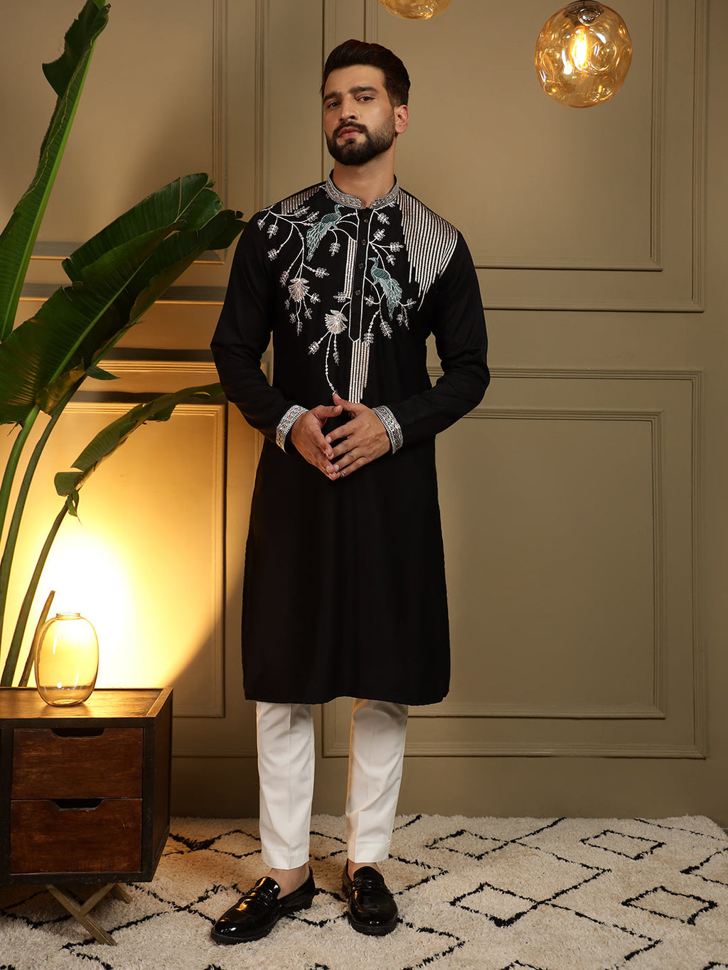 Jyoti Fashion Men's Black Viscose Silk Sequins Embroidered Kurta with Pajama