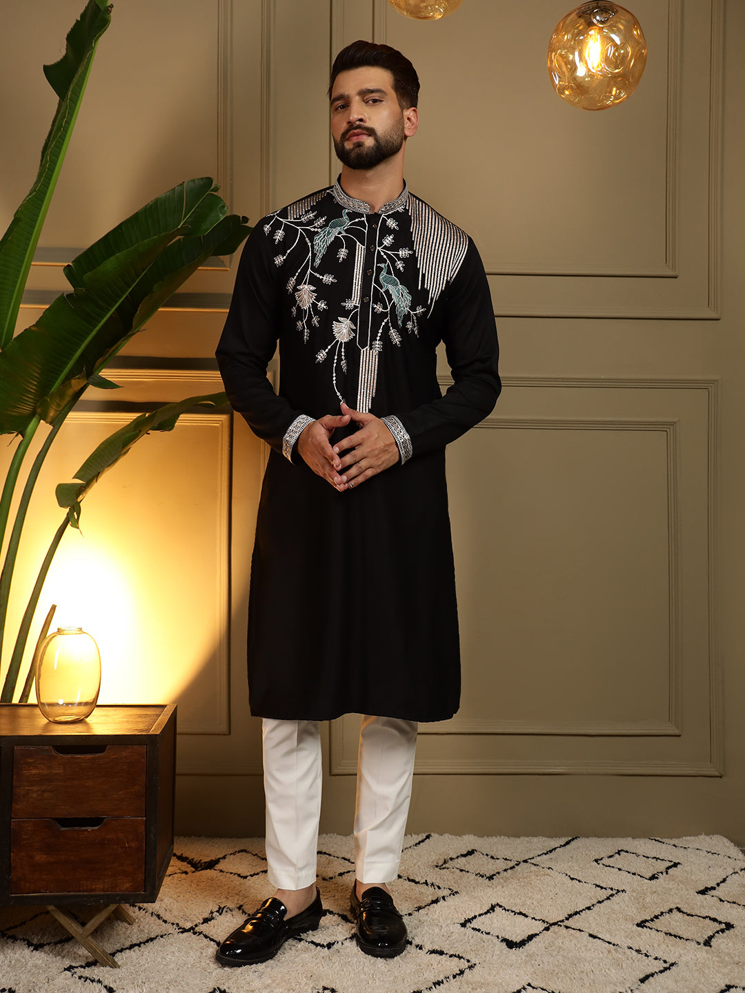 Jyoti Fashion Men's Black Viscose Silk Sequins Embroidered Kurta with Pajama