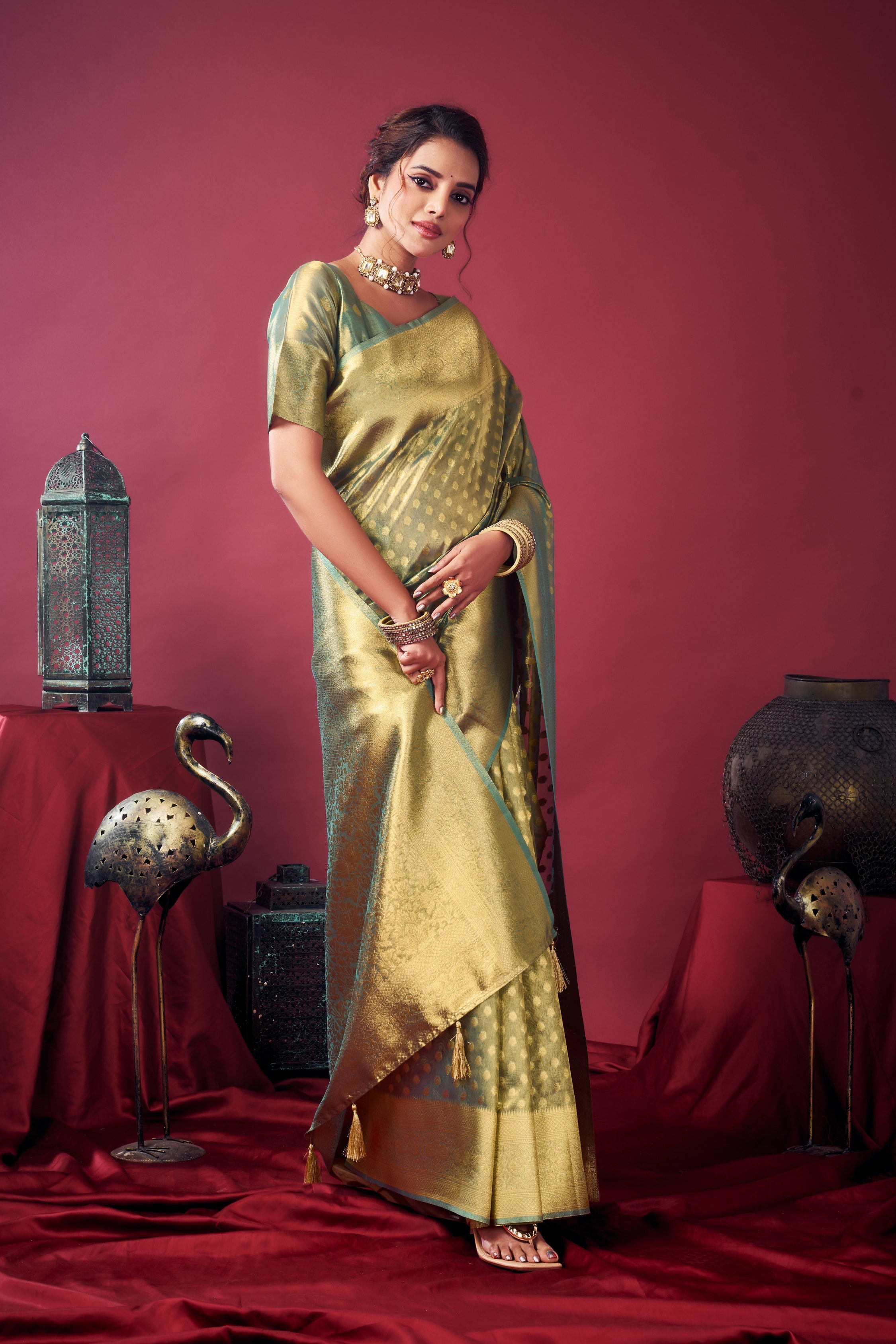 Jyoti Fashion Women's Grey Tissue Silk Zari Woven Saree with Blouse - Distacart