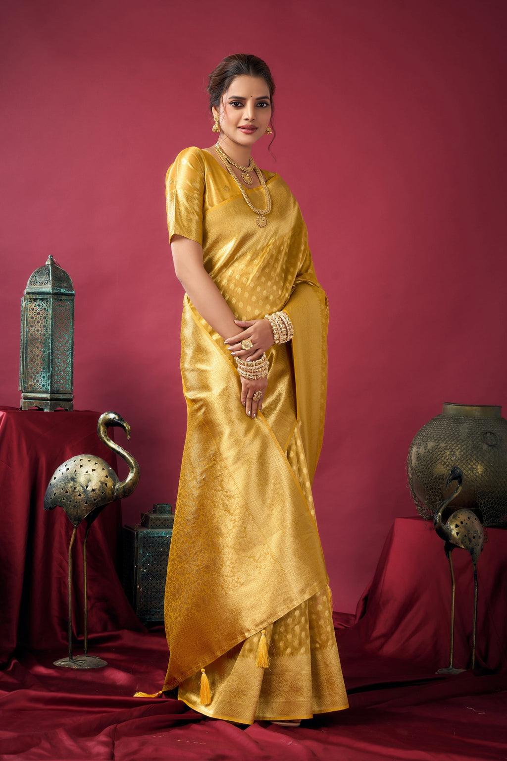 Jyoti Fashion Women's Mustard Tissue Silk Zari Woven Saree with Blouse - Distacart