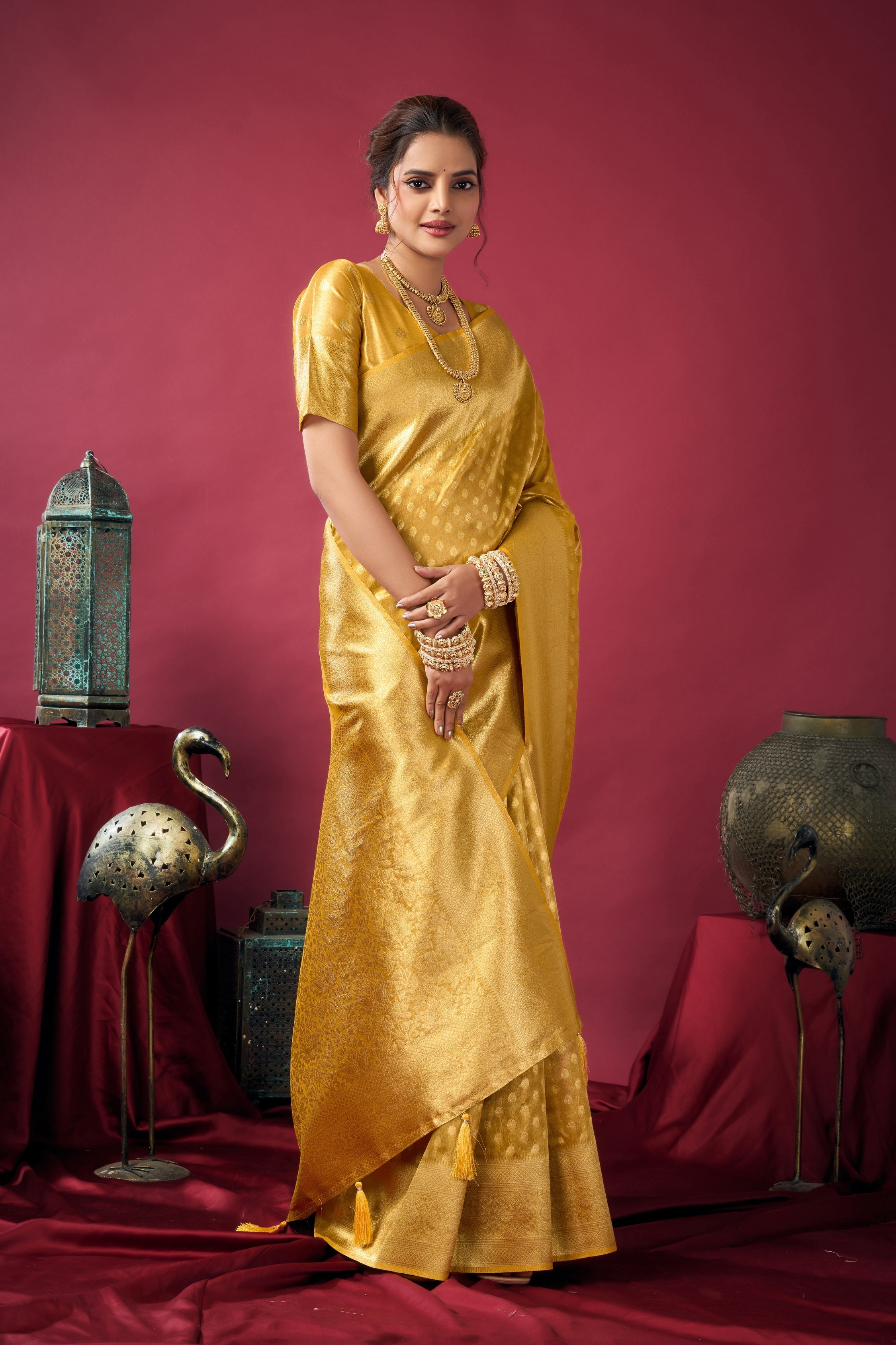 Jyoti Fashion Women's Mustard Tissue Silk Zari Woven Saree with Blouse - Distacart