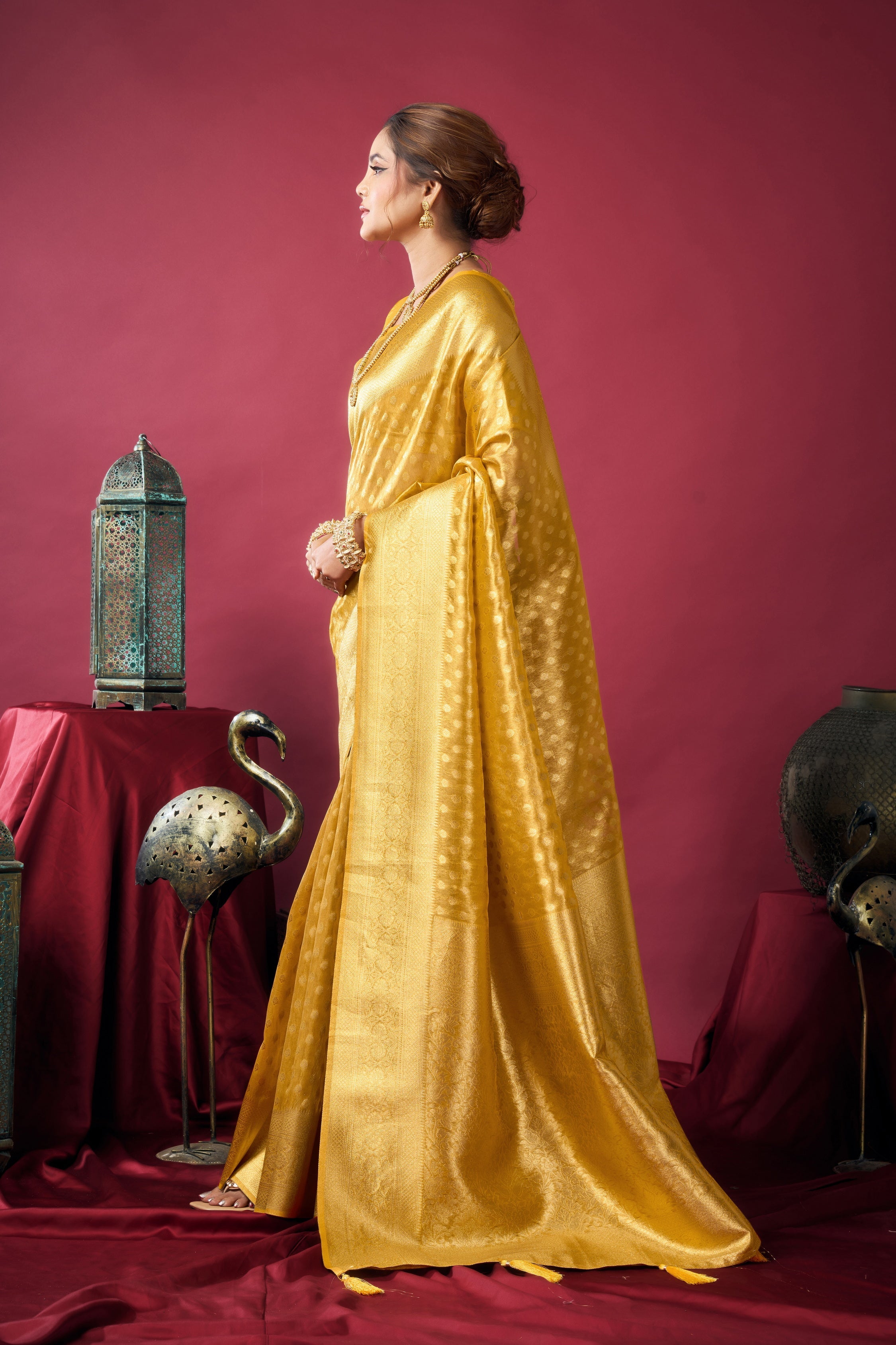 Jyoti Fashion Women's Mustard Tissue Silk Zari Woven Saree with Blouse - Distacart