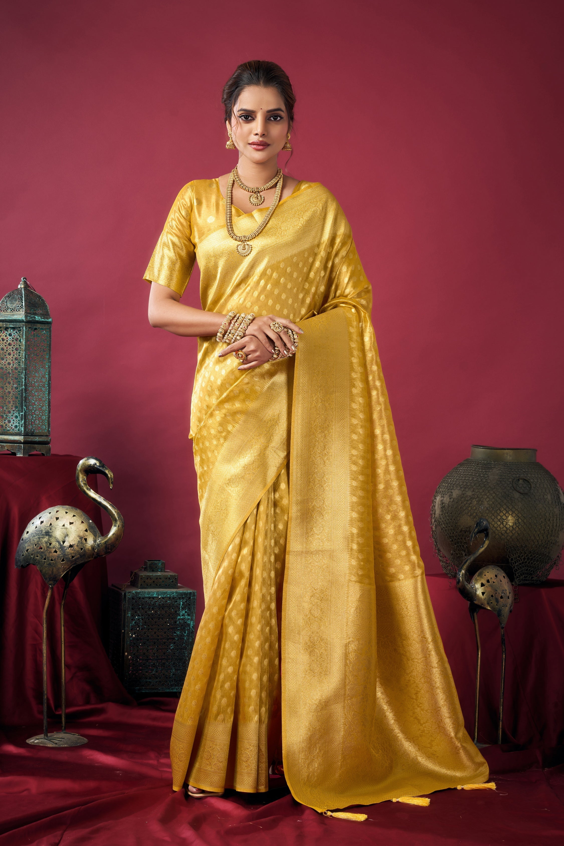 Jyoti Fashion Women's Mustard Tissue Silk Zari Woven Saree with Blouse - Distacart