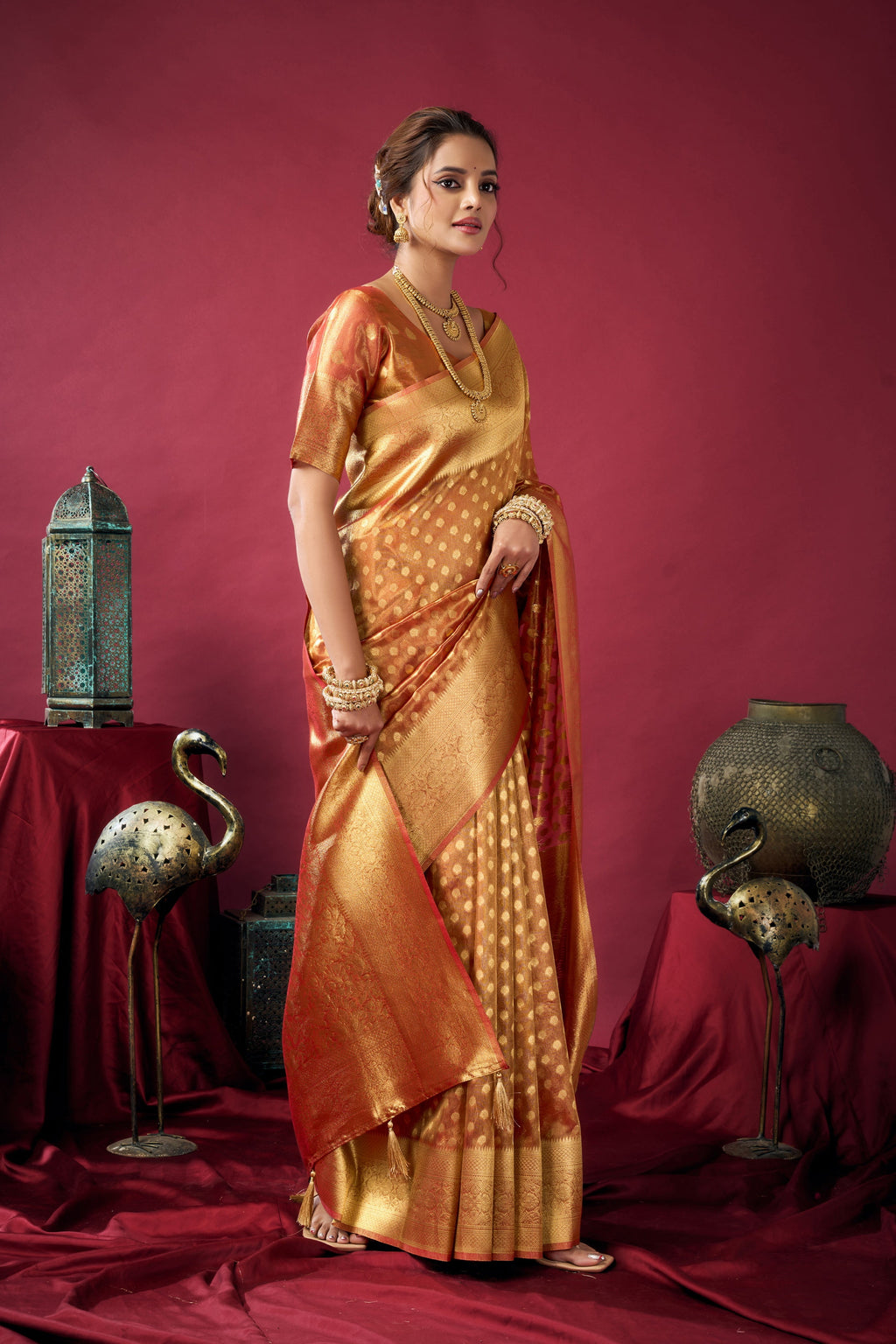 Jyoti Fashion Women's Orange Tissue Silk Zari Woven Saree with Blouse - Distacart