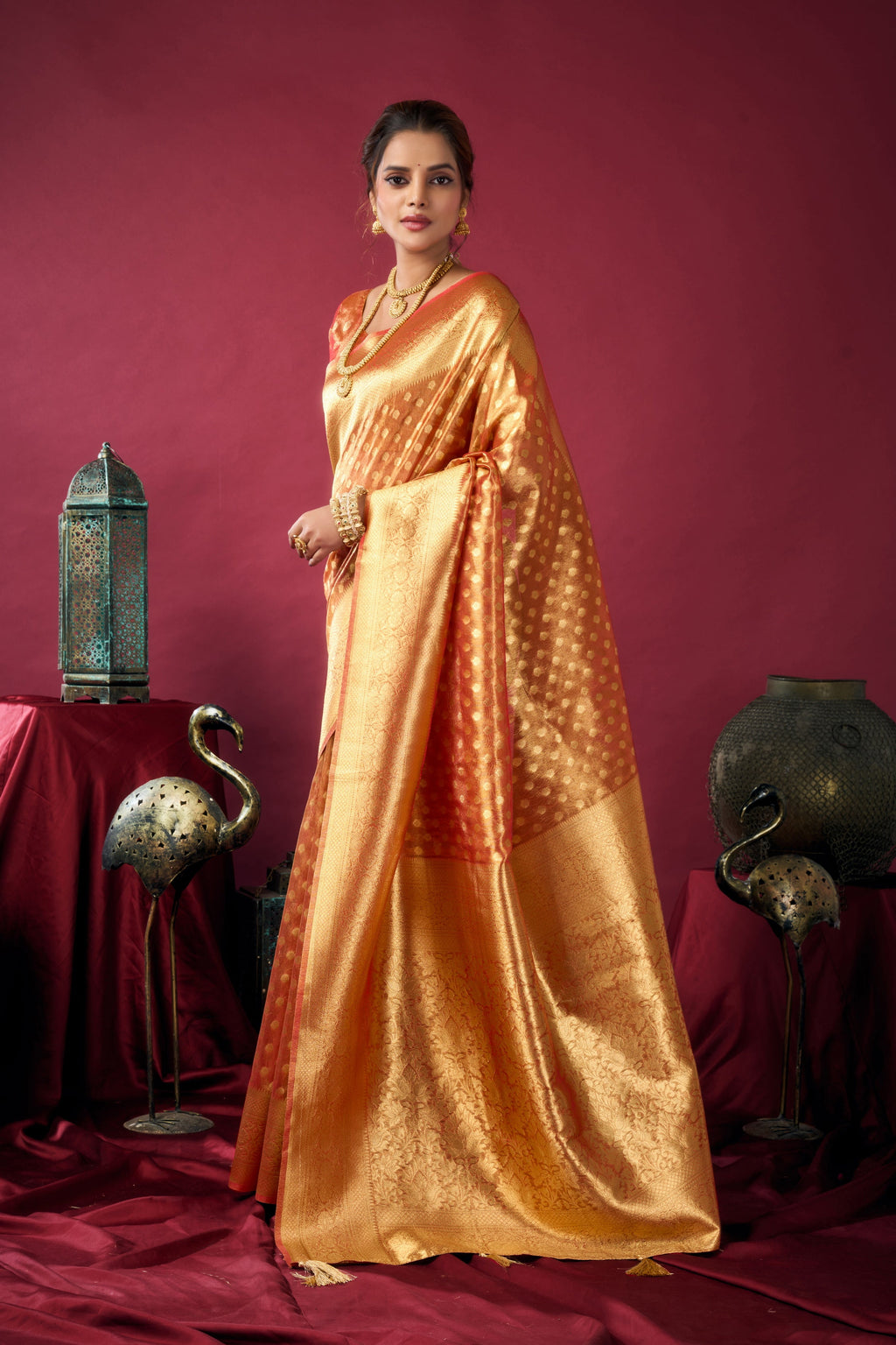 Jyoti Fashion Women's Orange Tissue Silk Zari Woven Saree with Blouse - Distacart