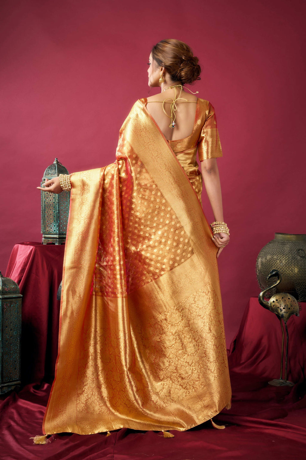 Jyoti Fashion Women's Orange Tissue Silk Zari Woven Saree with Blouse - Distacart