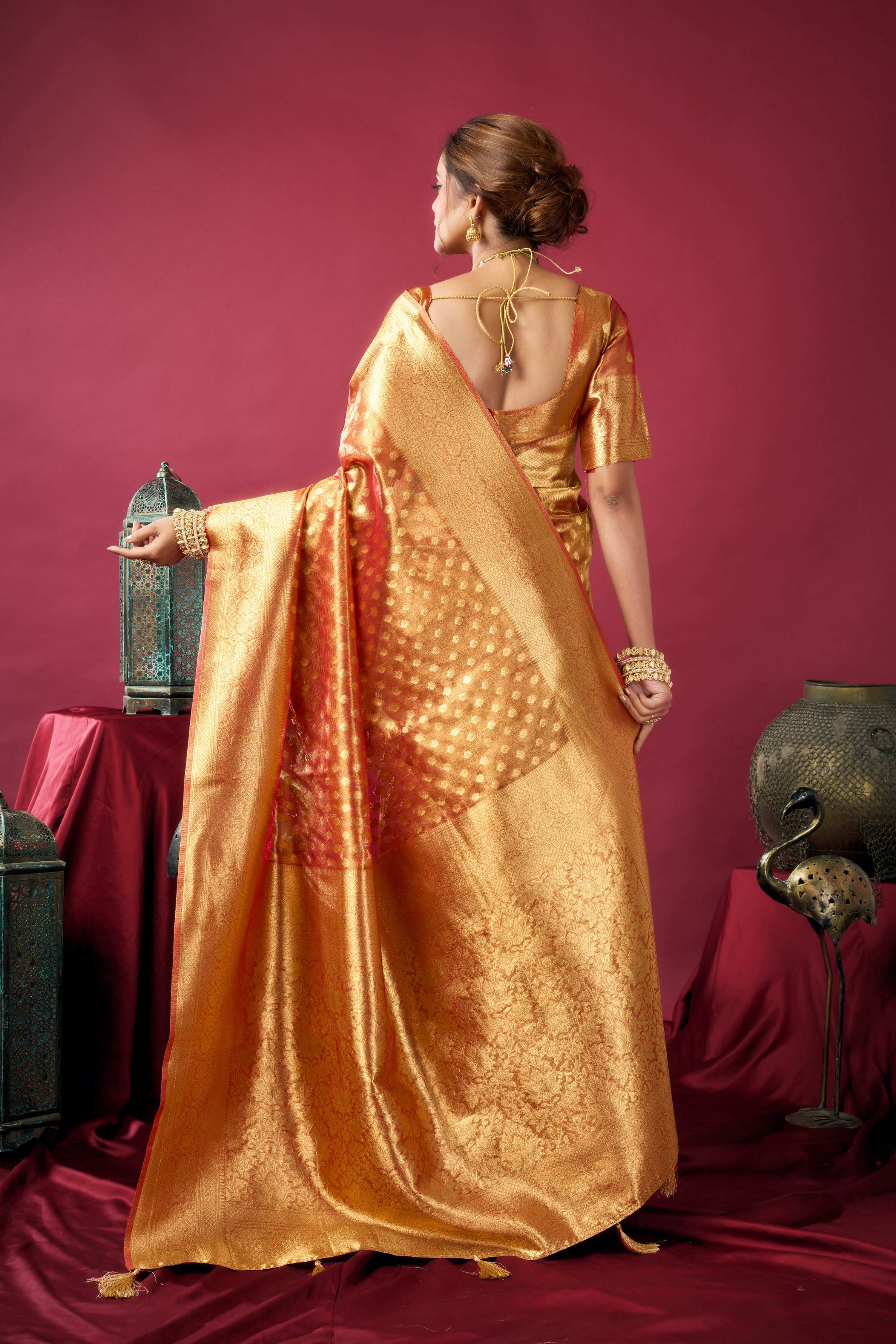 Jyoti Fashion Women's Orange Tissue Silk Zari Woven Saree with Blouse - Distacart