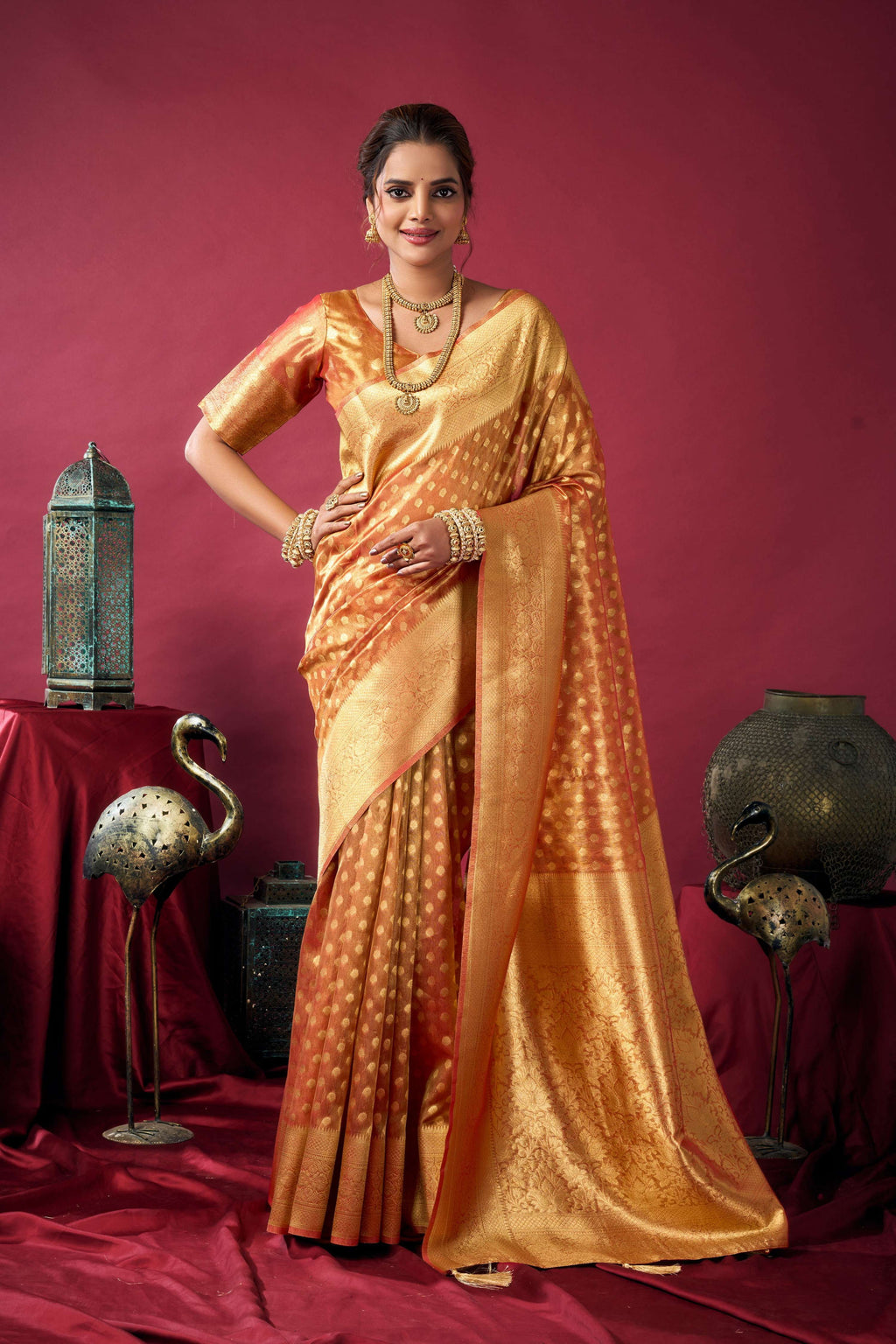 Jyoti Fashion Women's Orange Tissue Silk Zari Woven Saree with Blouse - Distacart