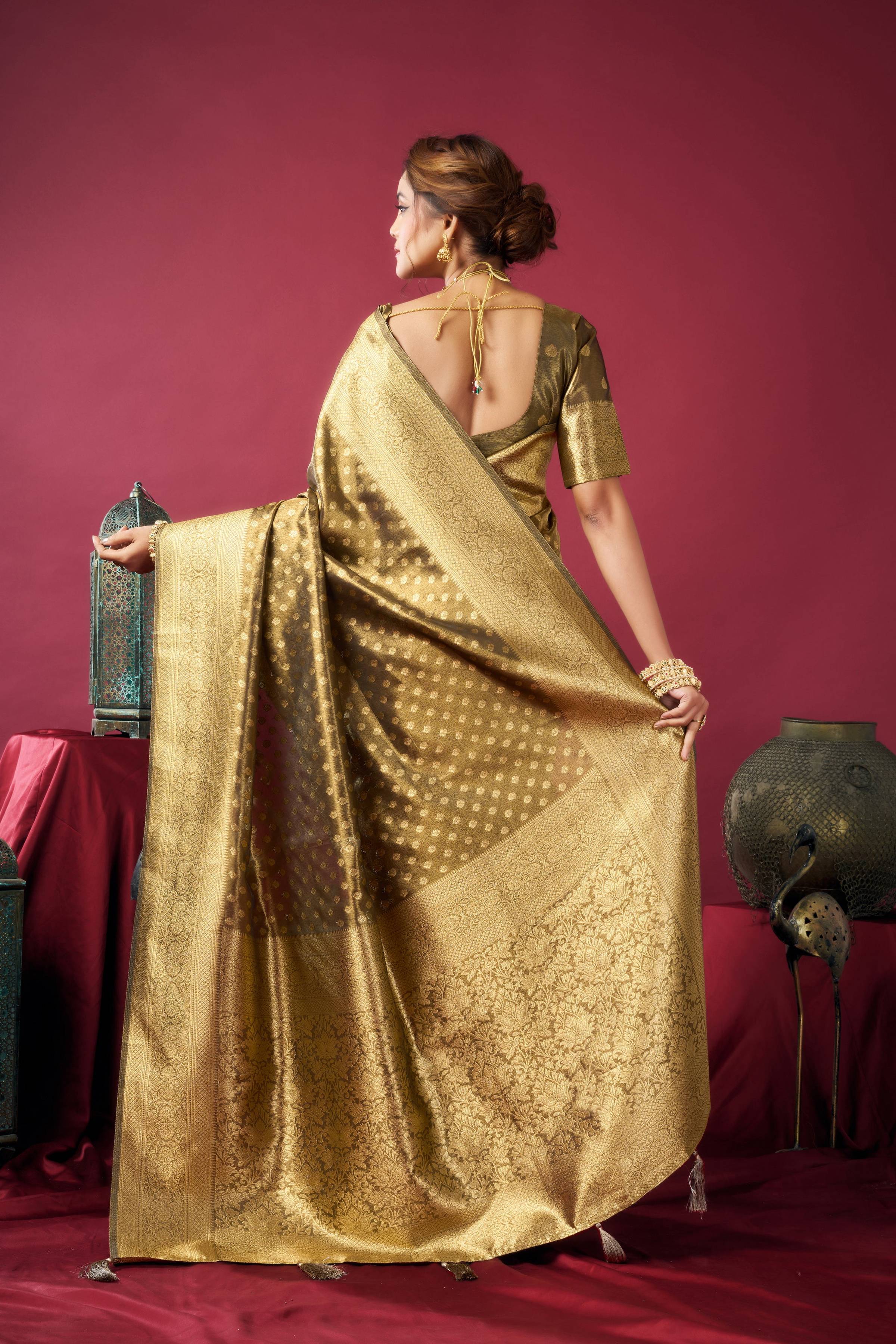 Jyoti Fashion Women's Mehendi Tissue Silk Zari Woven Saree with Blouse - Distacart
