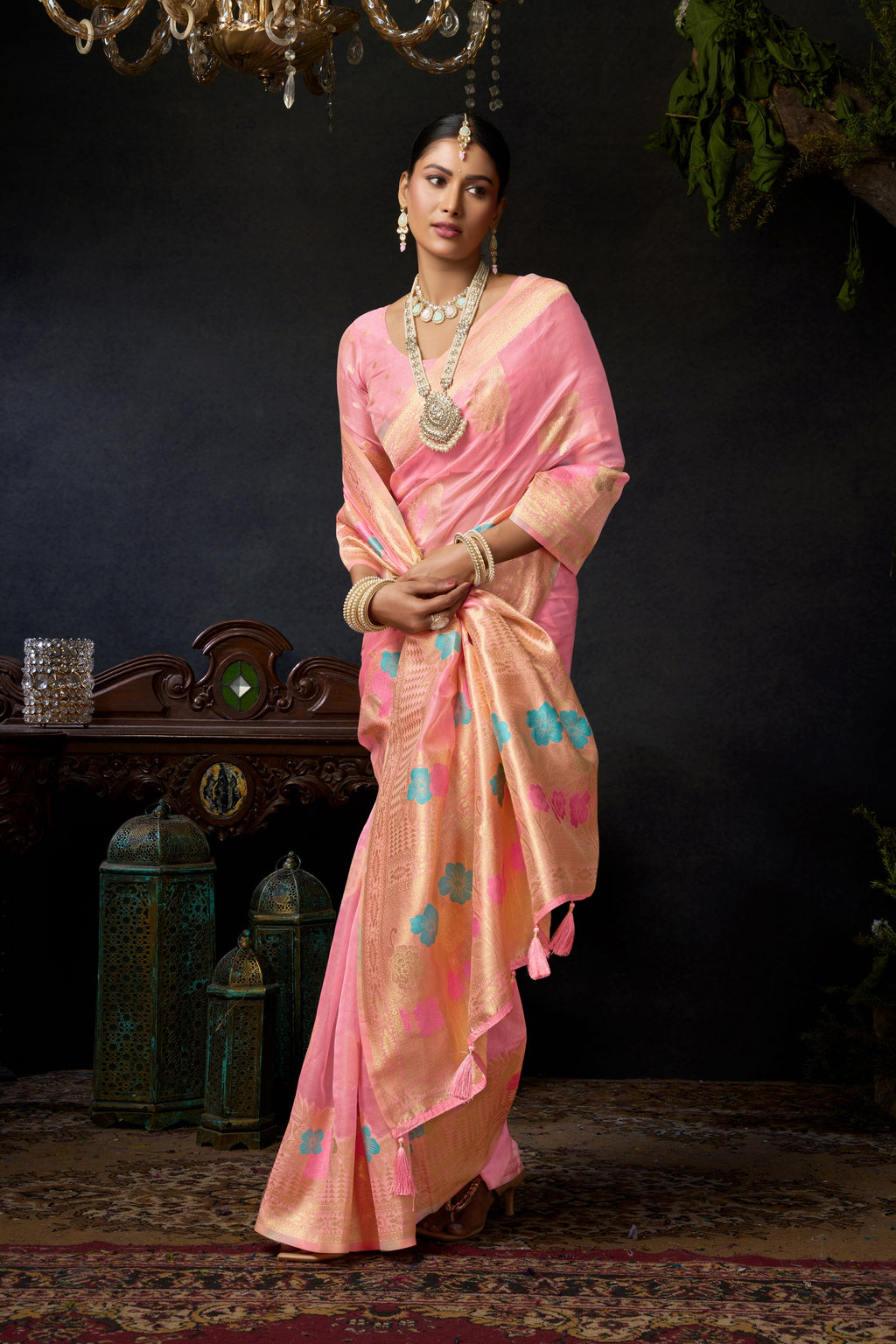 Jyoti Fashion Women's Baby Pink Organza Khadi Zari Woven Saree with Blouse - Distacart