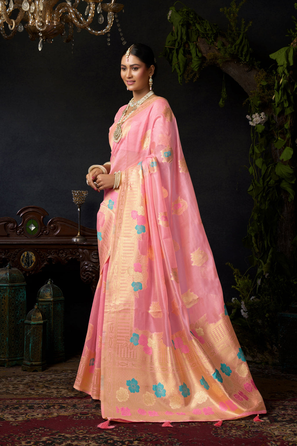 Jyoti Fashion Women's Baby Pink Organza Khadi Zari Woven Saree with Blouse - Distacart