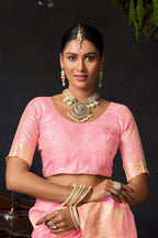Jyoti Fashion Women's Baby Pink Organza Khadi Zari Woven Saree with Blouse - Distacart