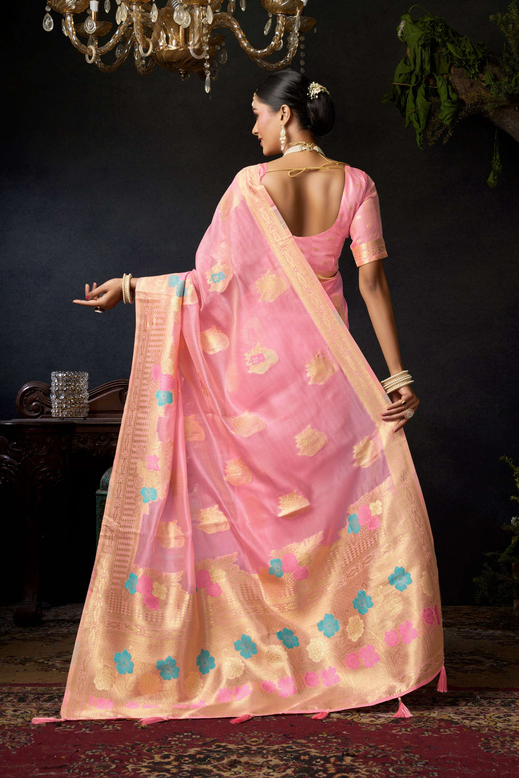 Jyoti Fashion Women's Baby Pink Organza Khadi Zari Woven Saree with Blouse - Distacart