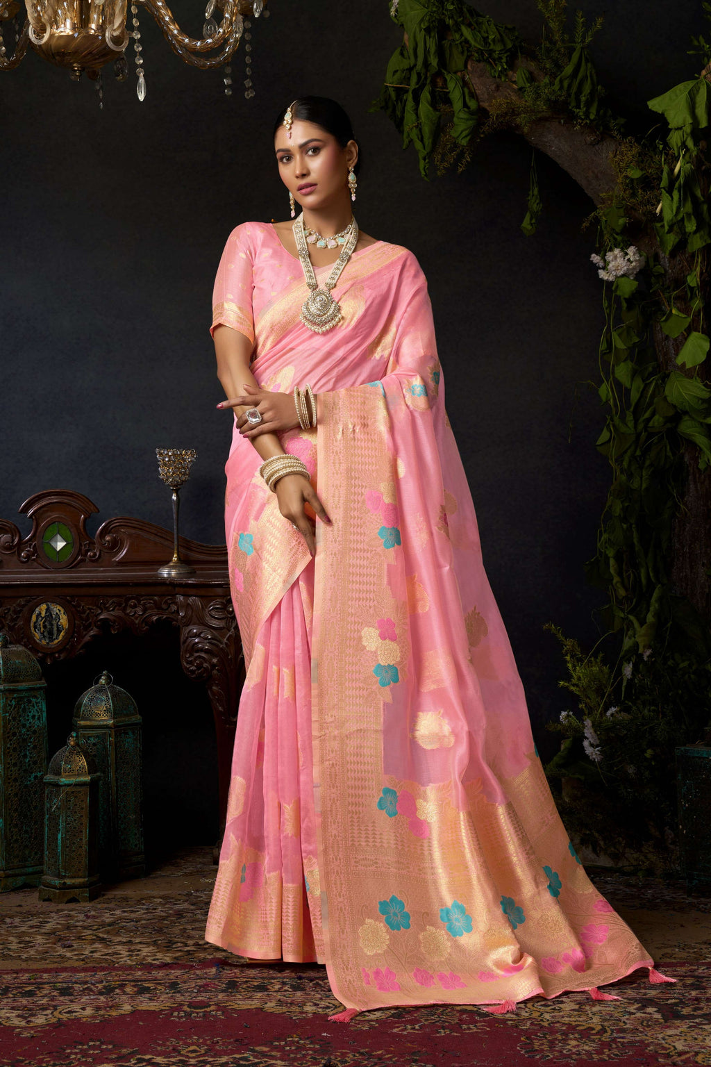 Jyoti Fashion Women's Baby Pink Organza Khadi Zari Woven Saree with Blouse - Distacart