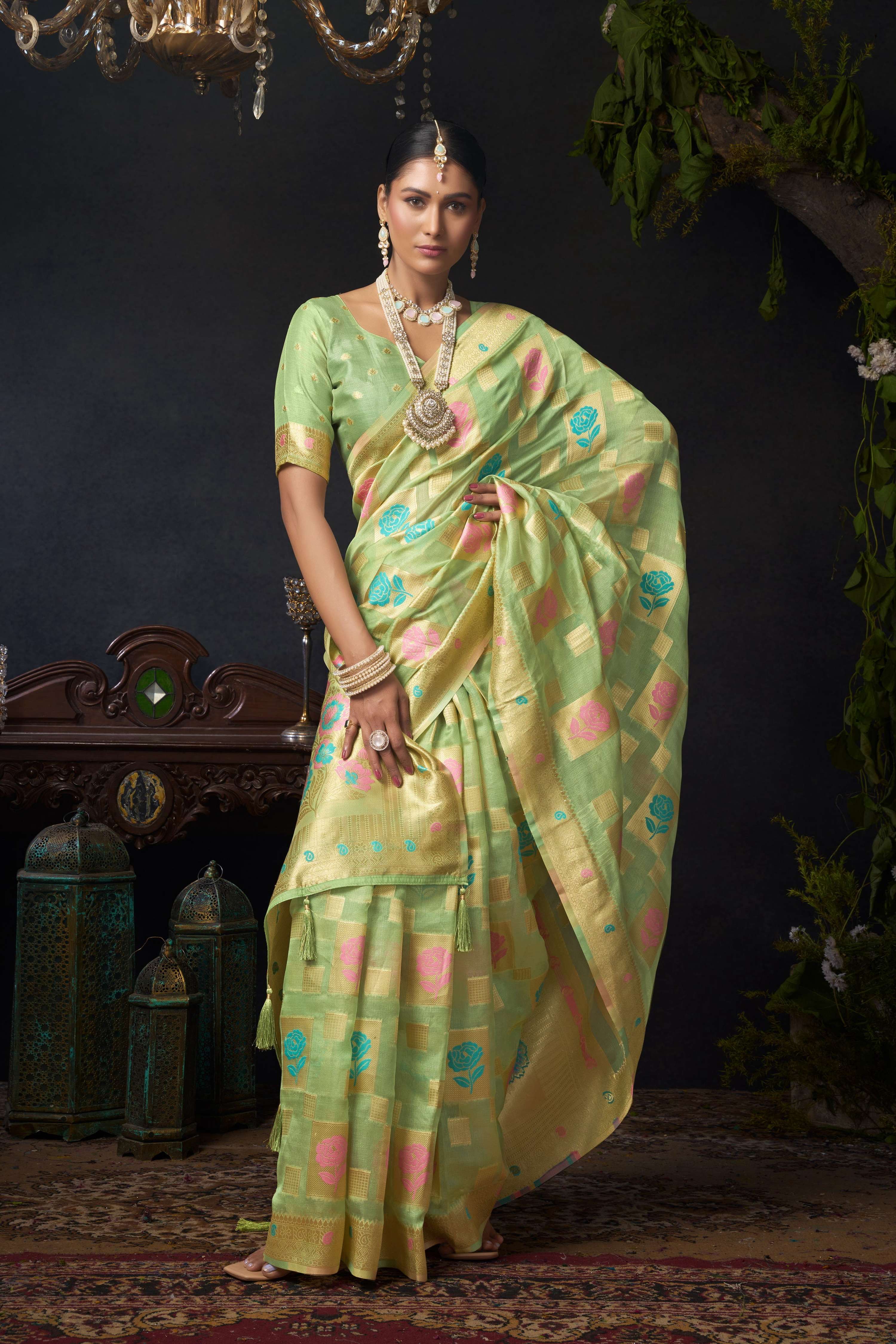 Jyoti Fashion Women's Green Organza Khadi Zari Woven Saree with Blouse - Distacart