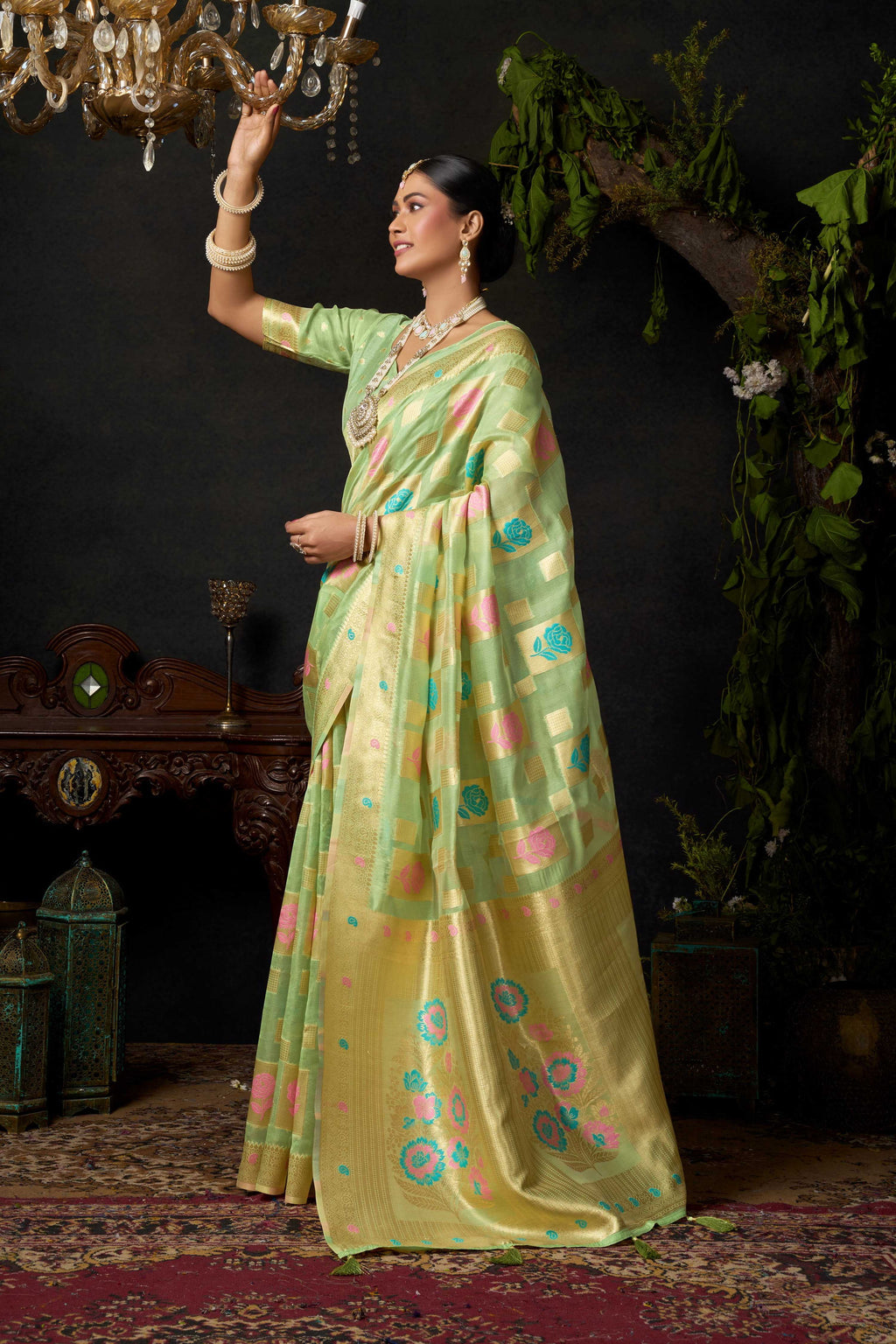 Jyoti Fashion Women's Green Organza Khadi Zari Woven Saree with Blouse - Distacart