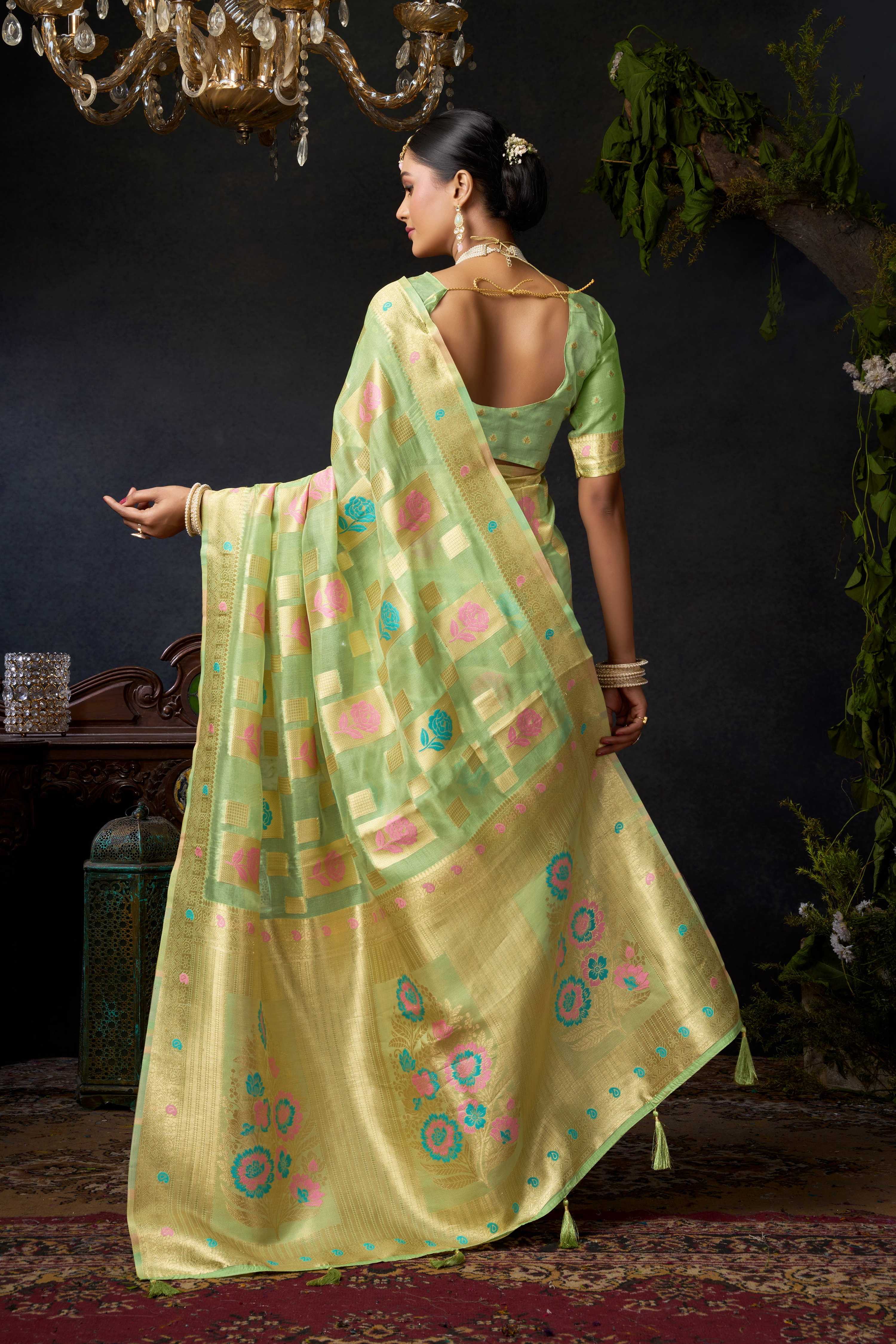 Jyoti Fashion Women's Green Organza Khadi Zari Woven Saree with Blouse - Distacart