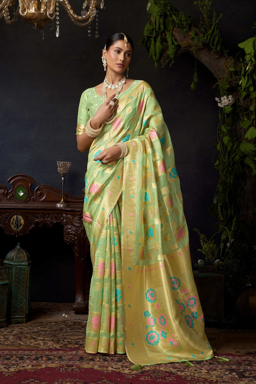 Jyoti Fashion Women's Green Organza Khadi Zari Woven Saree with Blouse - Distacart