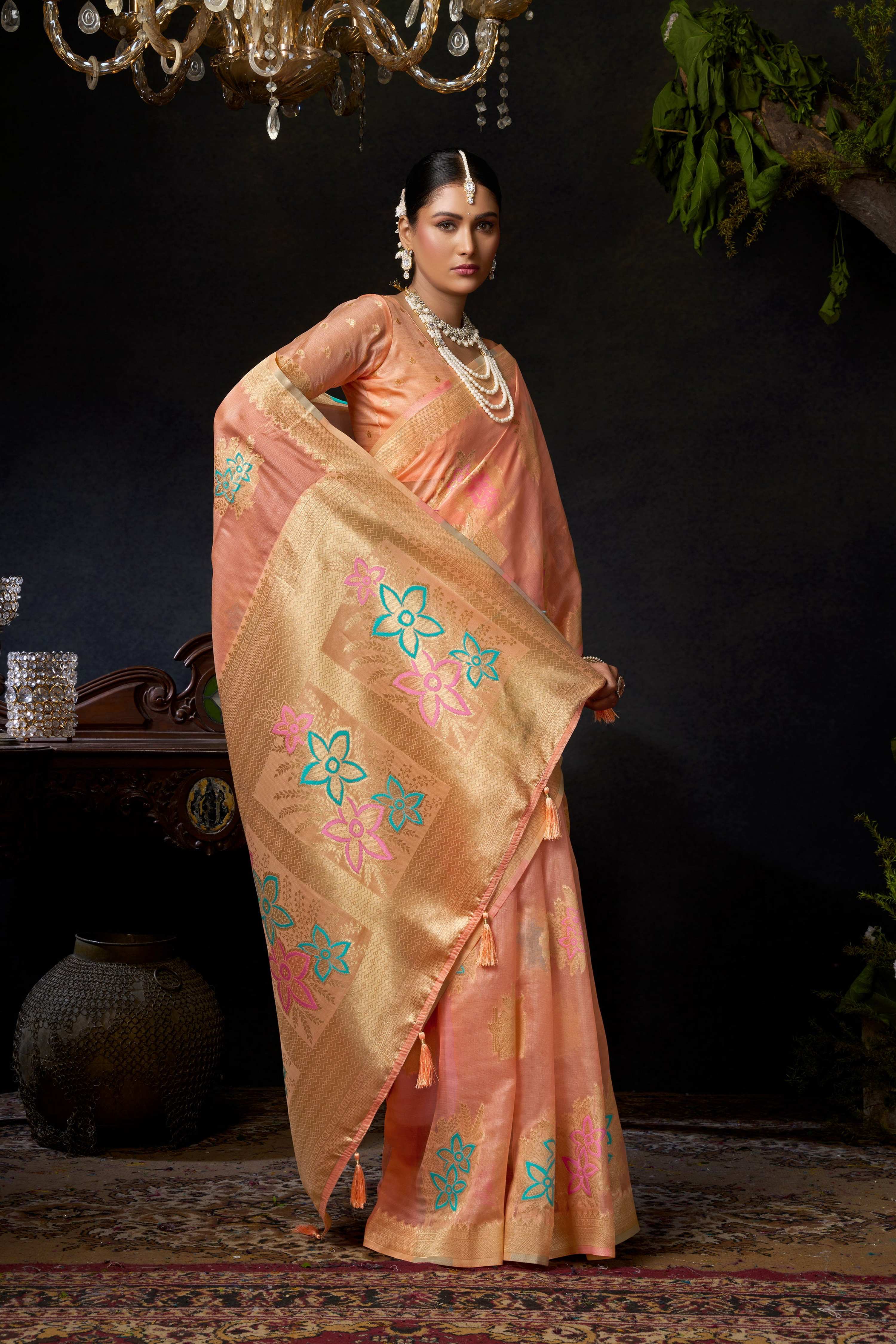 Jyoti Fashion Women's Peach Organza Khadi Zari Woven Saree with Blouse - Distacart