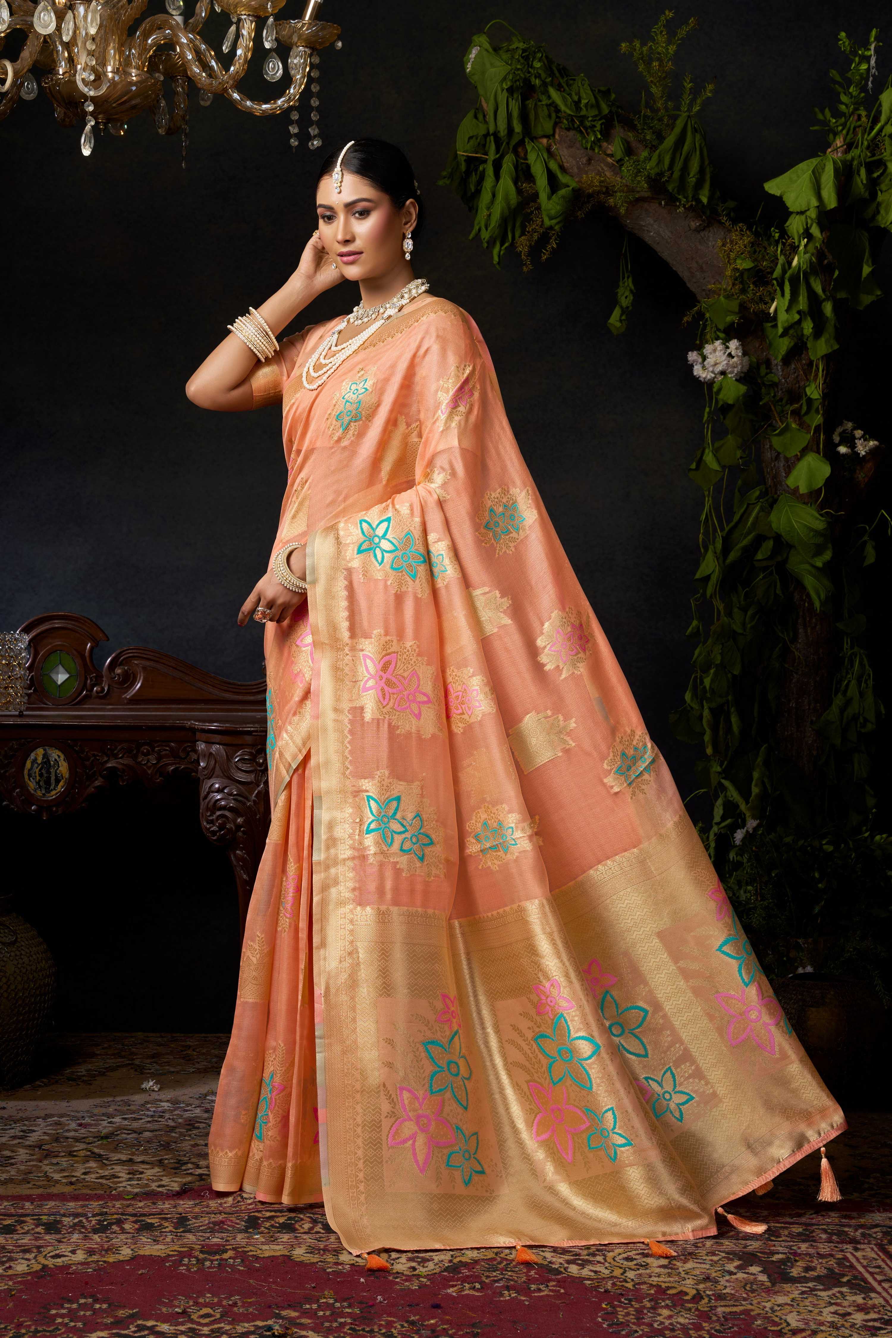 Jyoti Fashion Women's Peach Organza Khadi Zari Woven Saree with Blouse - Distacart