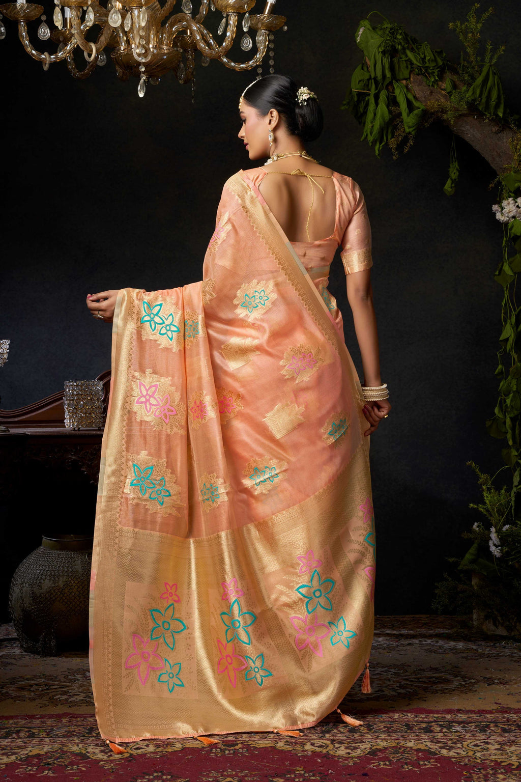 Jyoti Fashion Women's Peach Organza Khadi Zari Woven Saree with Blouse - Distacart