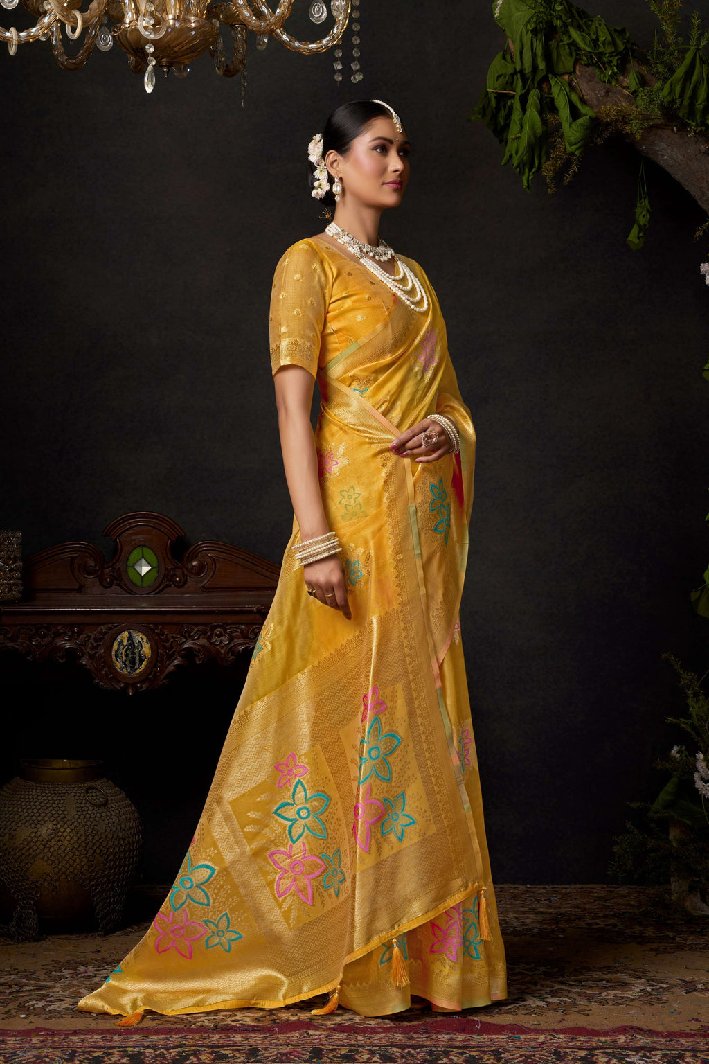 Jyoti Fashion Women's Yellow Organza Khadi Zari Woven Saree with Blouse - Distacart