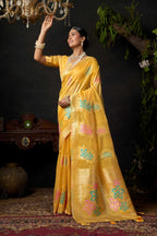 Jyoti Fashion Women's Yellow Organza Khadi Zari Woven Saree with Blouse - Distacart
