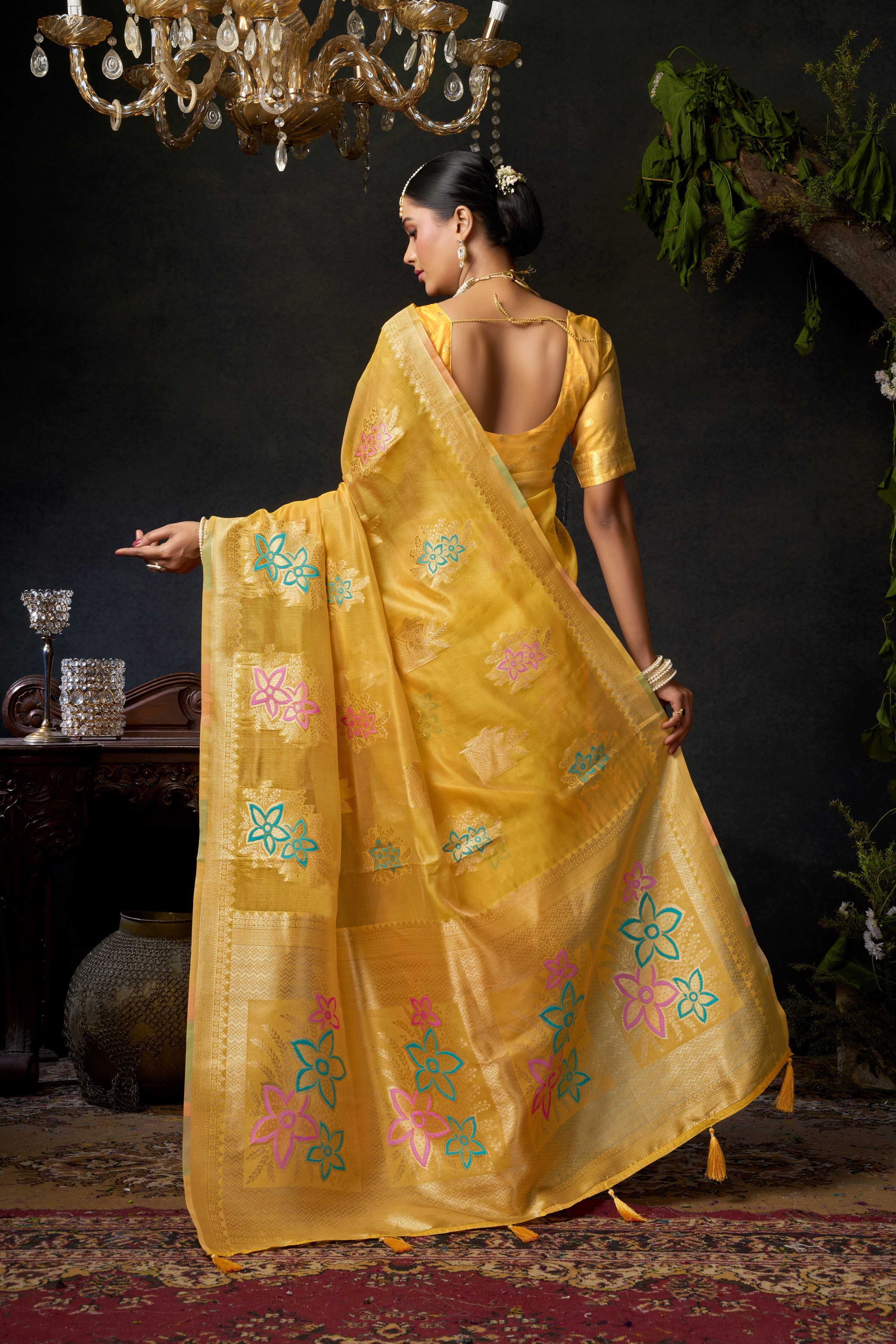 Jyoti Fashion Women's Yellow Organza Khadi Zari Woven Saree with Blouse - Distacart